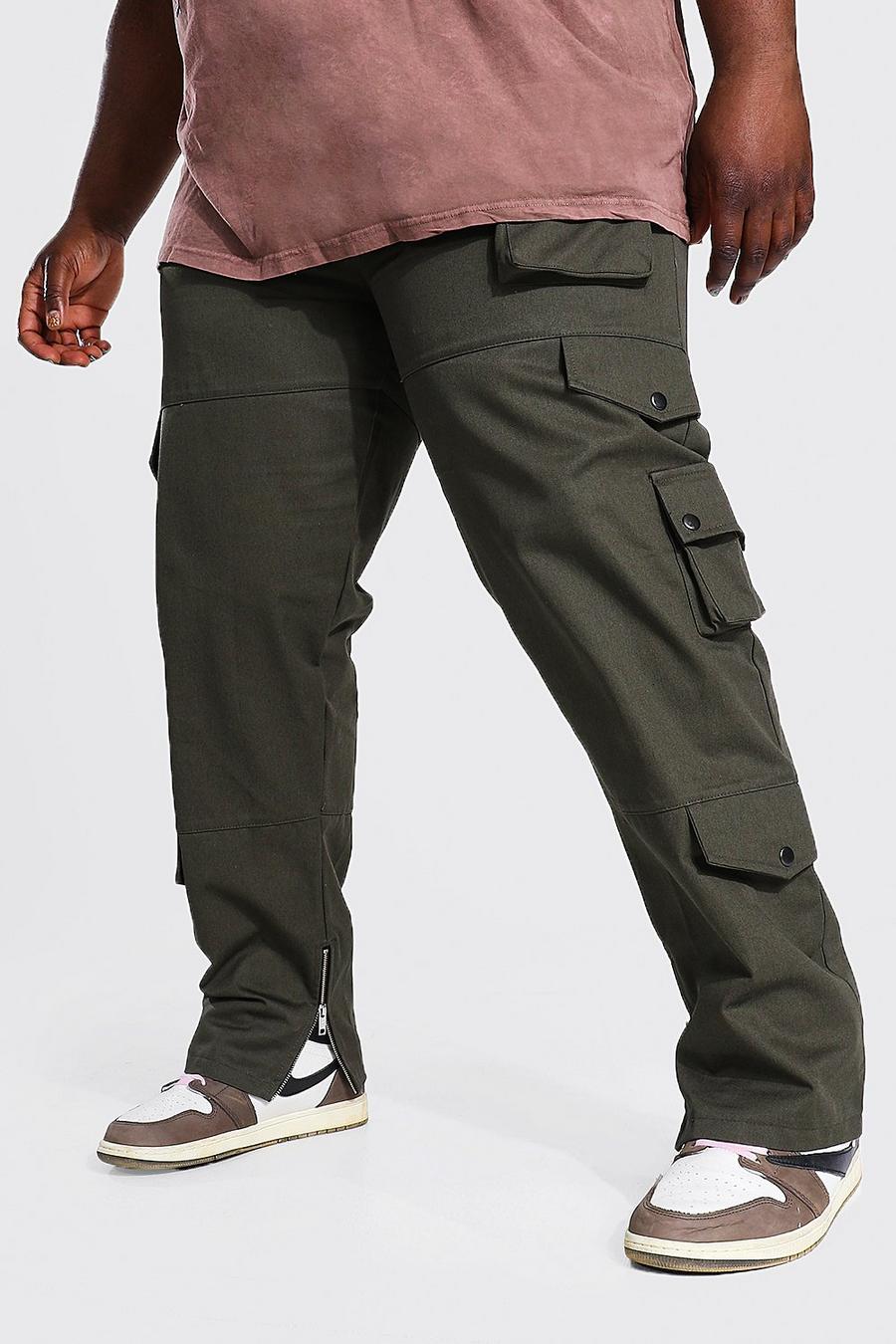 חאקי מכנסי קרגו טוויל בגזרה צרה עם חגורת מותן קבועה למידות גדולות image number 1