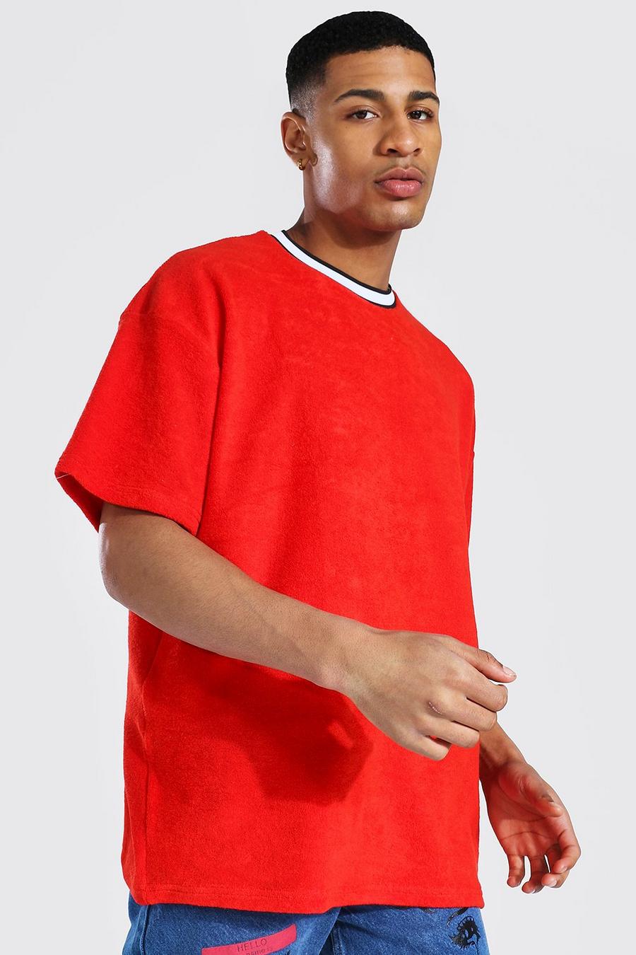Red Oversized Gestreept Geribbeld Badstoffen T-Shirt image number 1