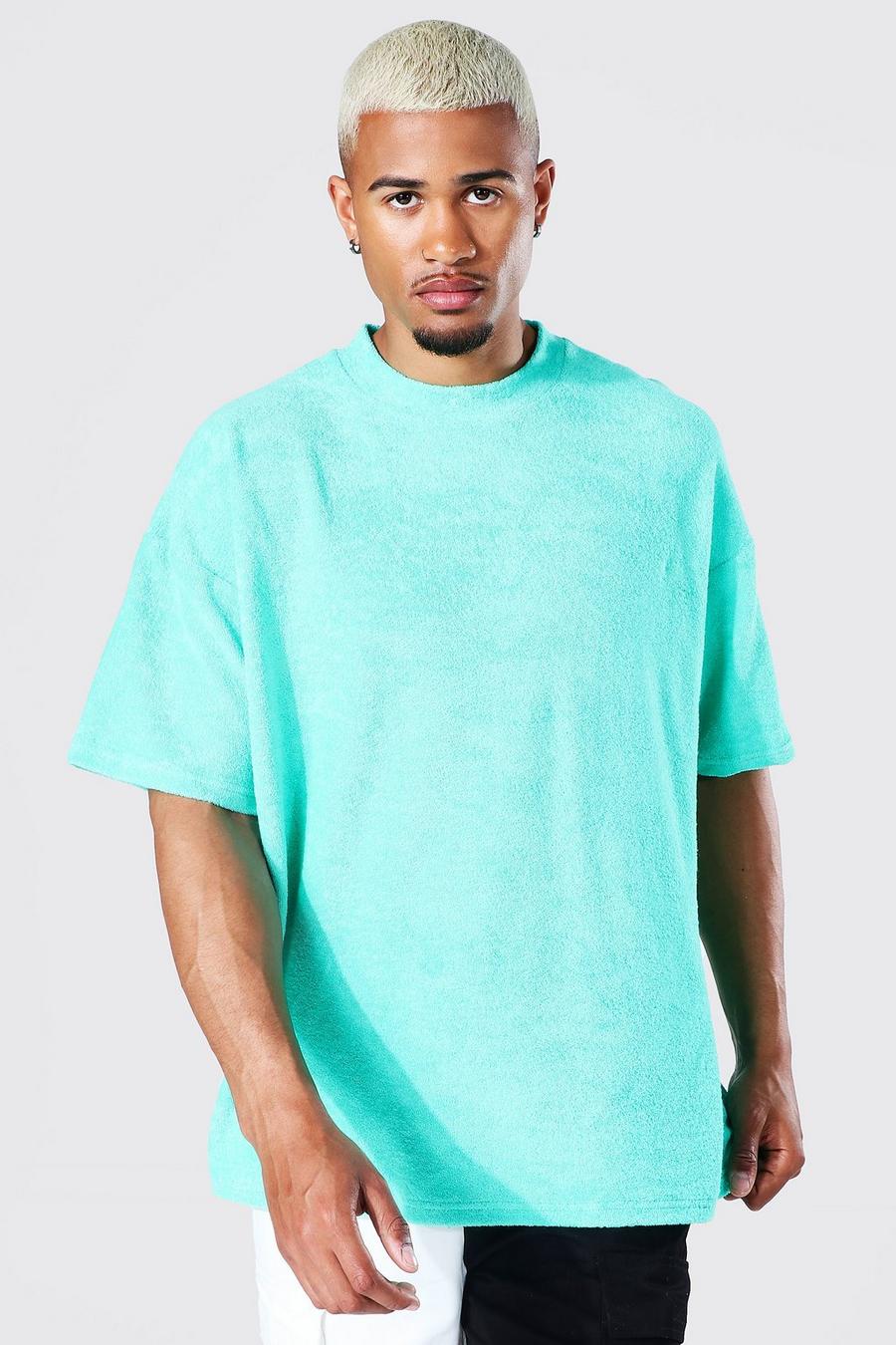 Turquoise Oversized Badstoffen T-Shirt Met Brede Nek image number 1