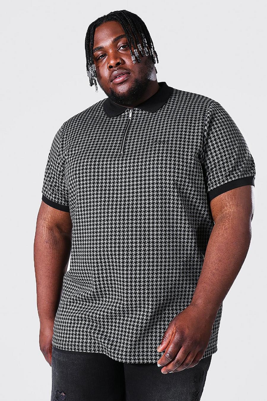 Black Plus Size Man Script Jacquard Tipping Polo image number 1