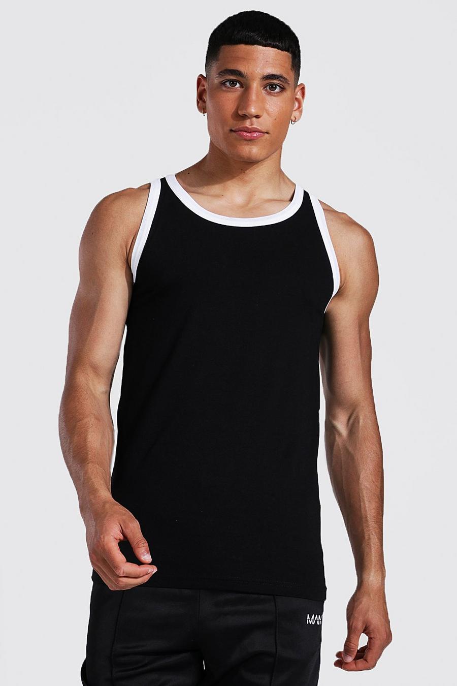 Camiseta sin mangas ajustada al músculo con ribetes, Black image number 1