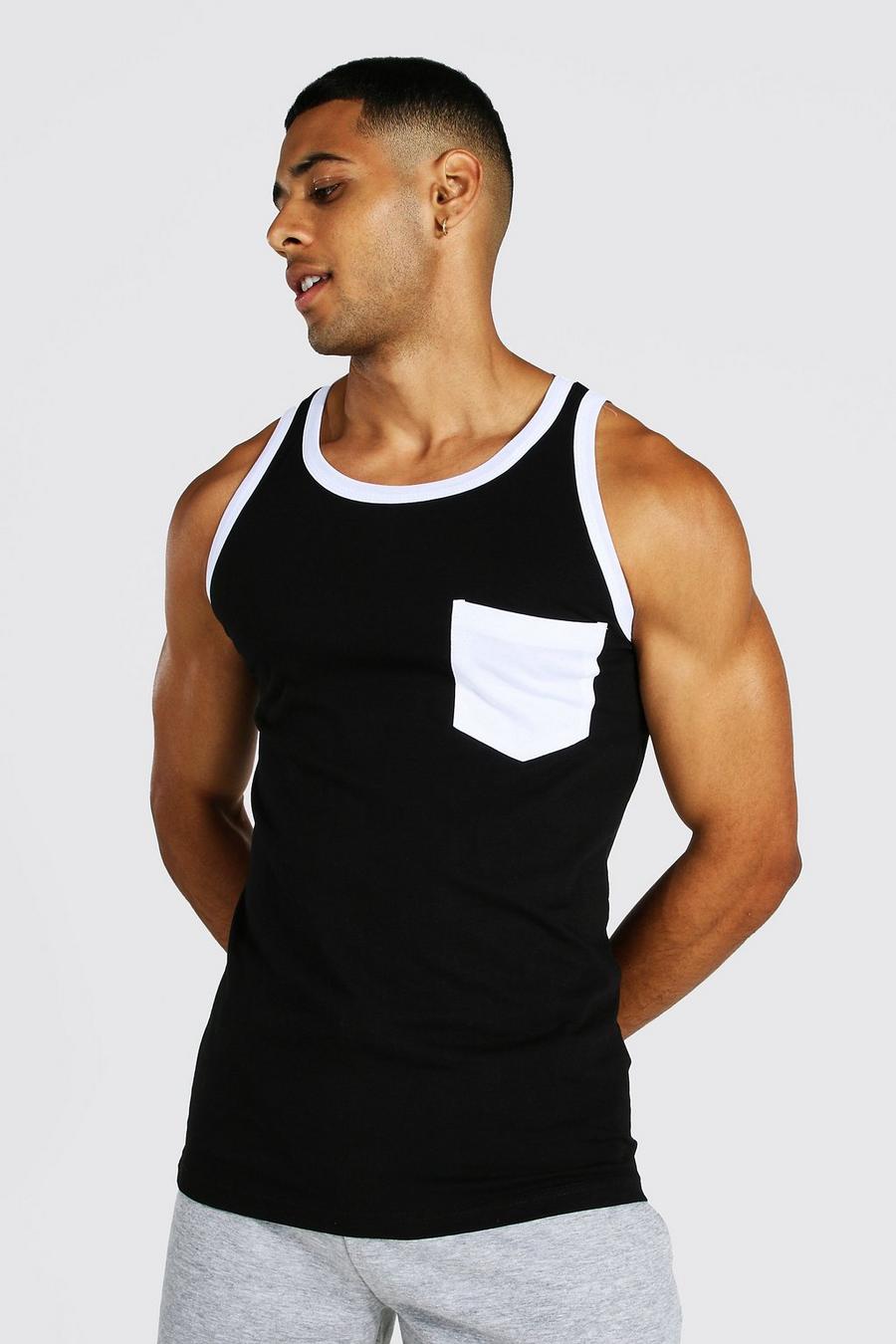 T-shirt sans manches ajusté à poche contrastée, Black image number 1