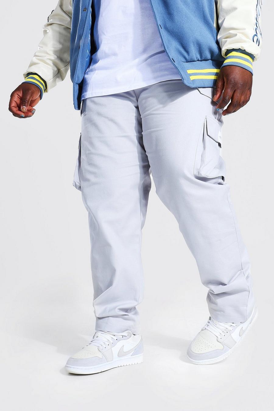 Pantaloni tuta Plus Size stile Cargo in twill con cintura ed etichetta con logo Man, Light grey image number 1