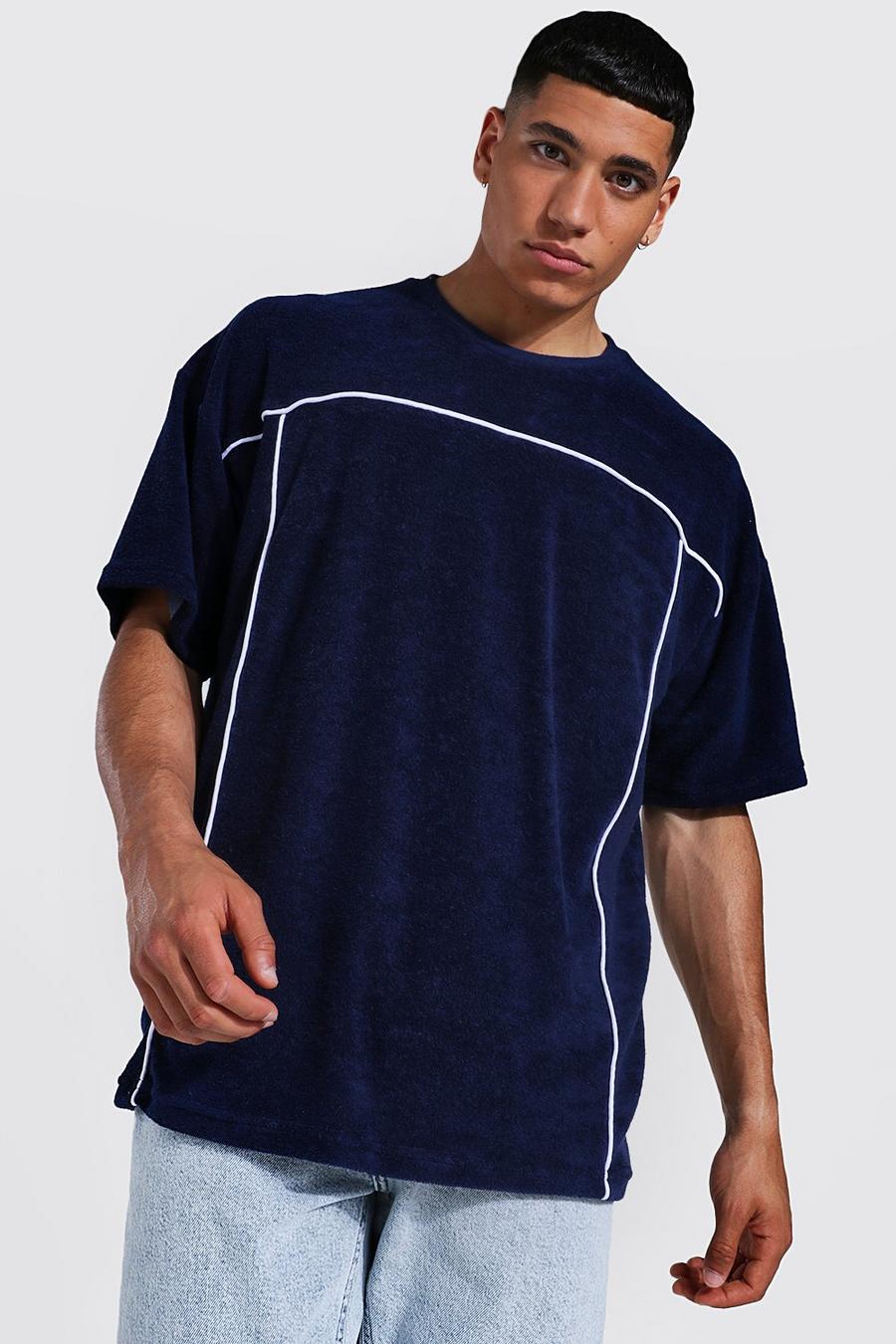 Oversize Frottee T-Shirt mit Striefen, Navy image number 1