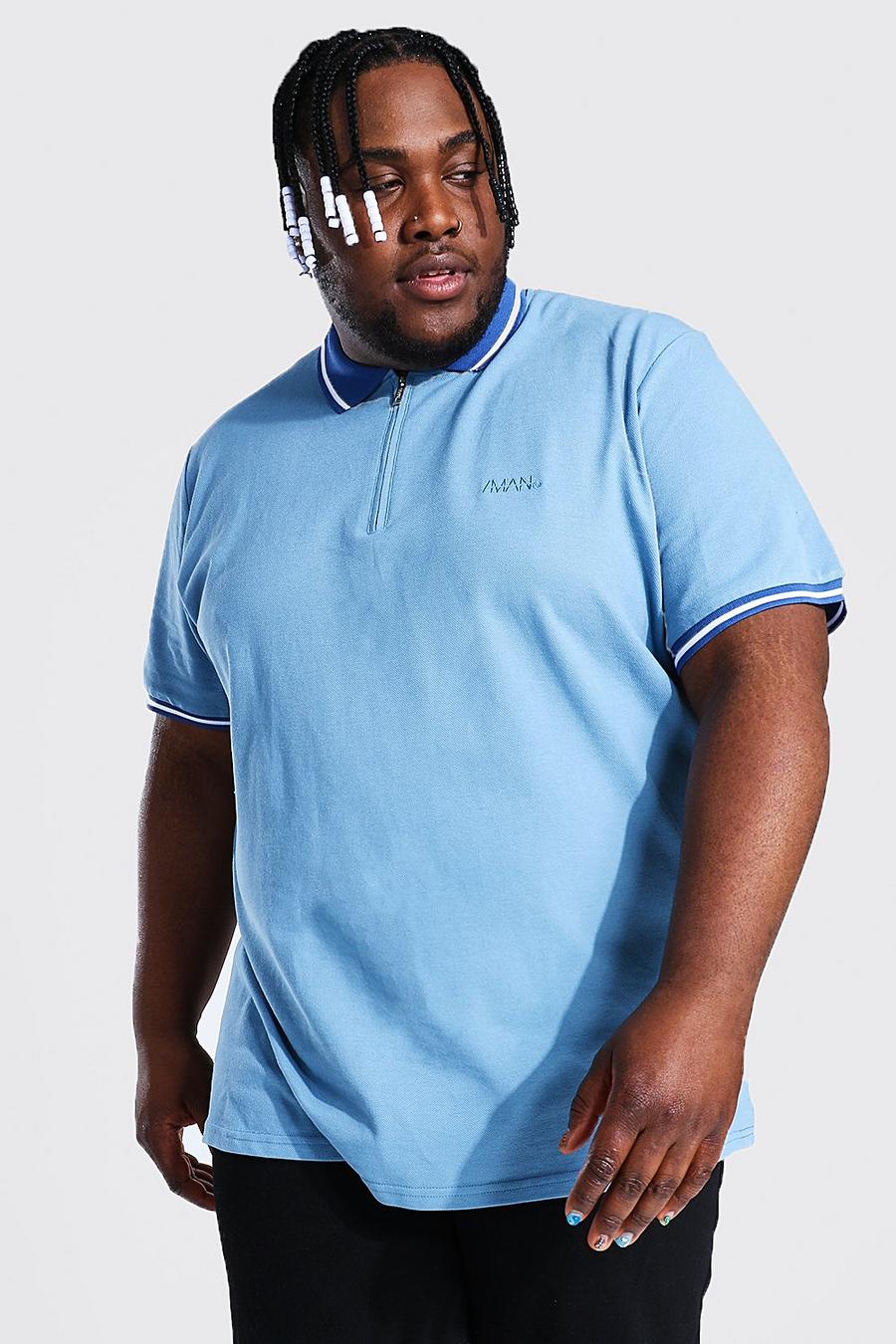 Light blue Plus Size Textured Jacquard 1/4 Zip Polo image number 1