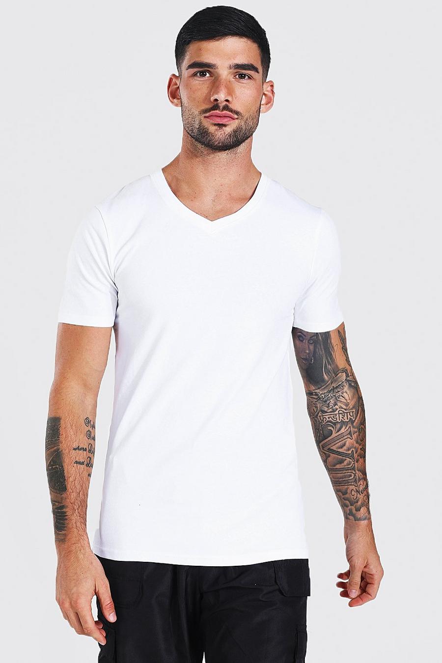 White Muscle Fit T-Shirt Met Diepe V-Hals image number 1
