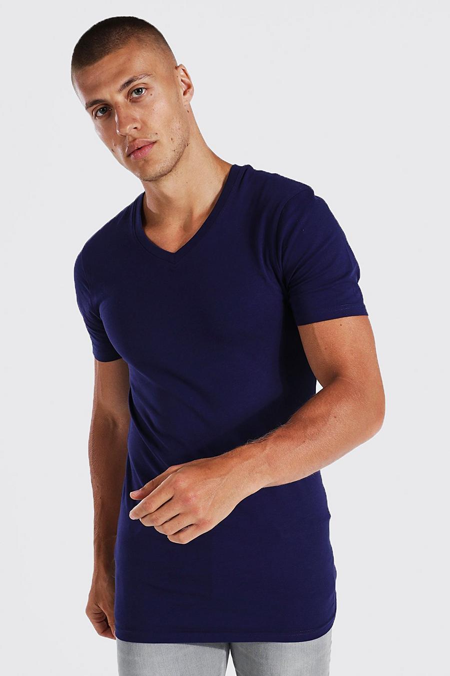 Navy Muscle Fit V Neck Longline T-shirt image number 1