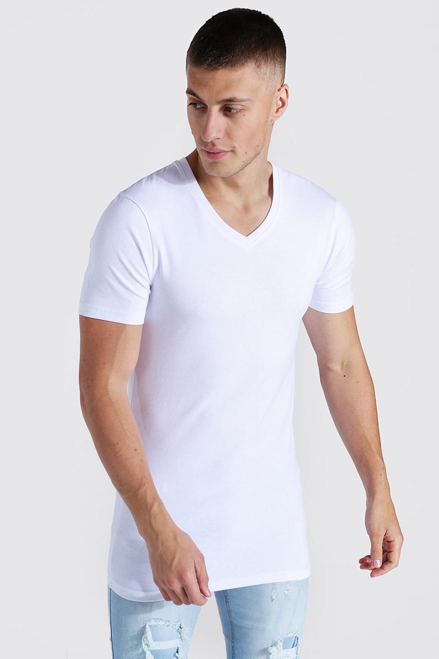 White Muscle Fit Long Line T-Shirt Met V-Hals image number 1