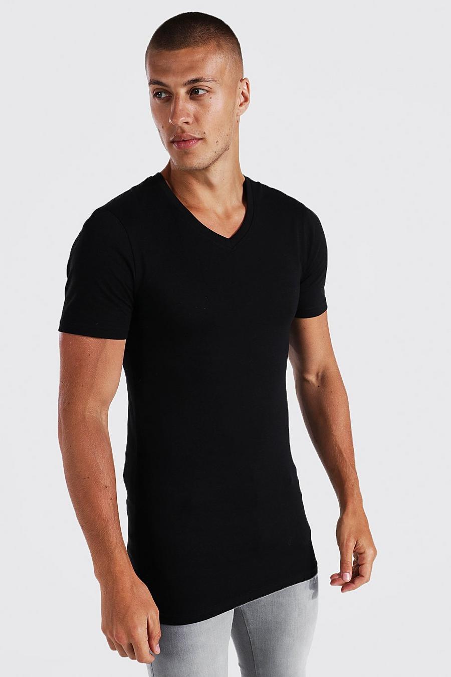 Black Muscle Fit V Neck Longline T-shirt image number 1