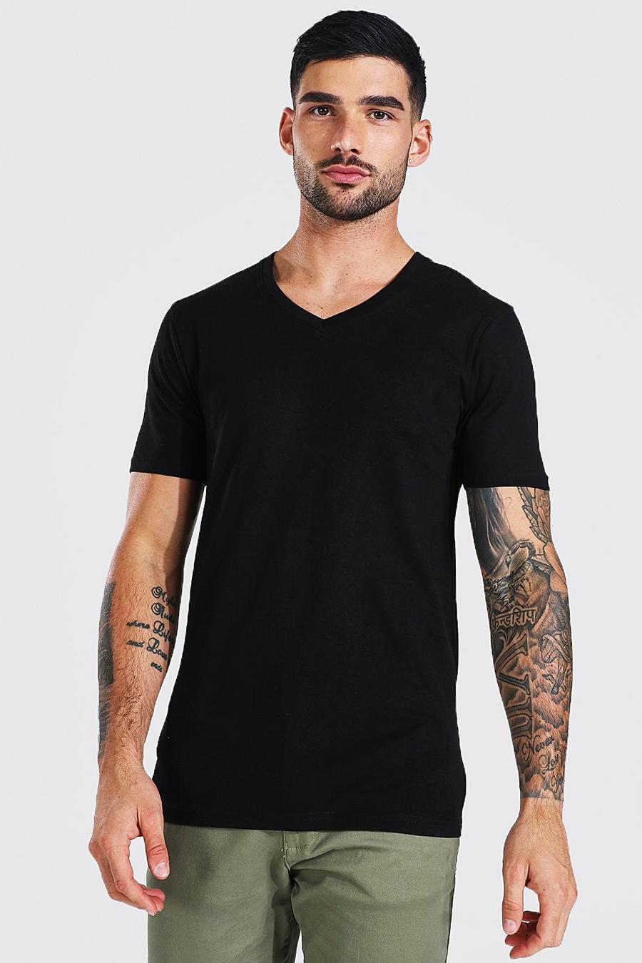 Black Muscle Fit T-Shirt Met Diepe V-Hals image number 1