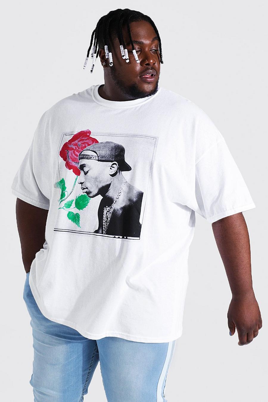 לבן טישרט ממותג Tupac עם הדפס ורד למידות גדולות image number 1