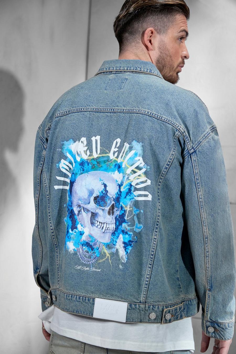 Antique blue Oversized Skull Back Graphic Denim Jacket image number 1