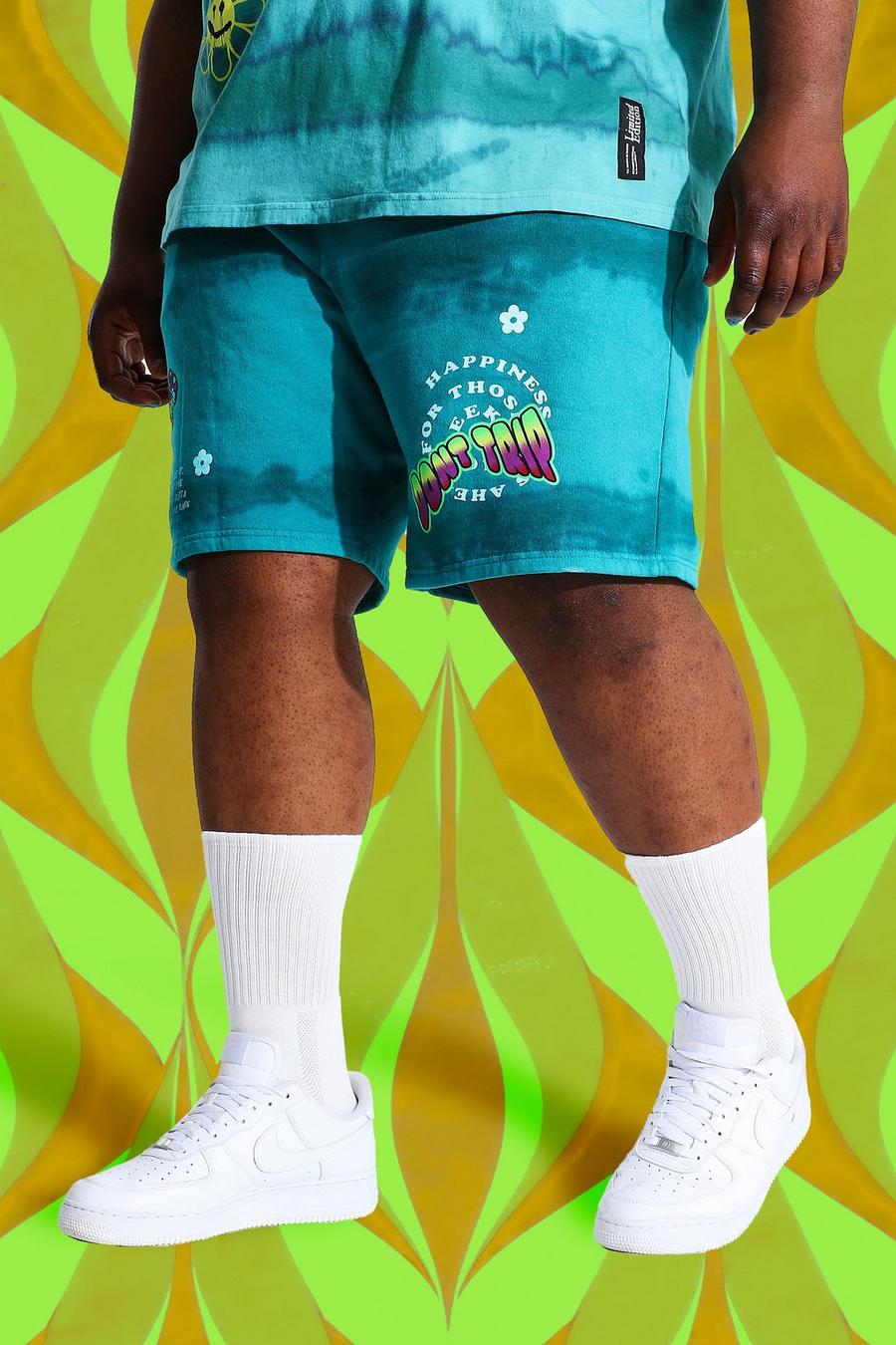 Teal Plus Size Jersey Tie Dye Regular Fit Shorts image number 1