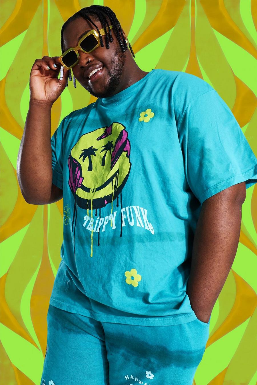 Teal Plus Size Baggy Tie Dye Druipende Smiley T-Shirt image number 1