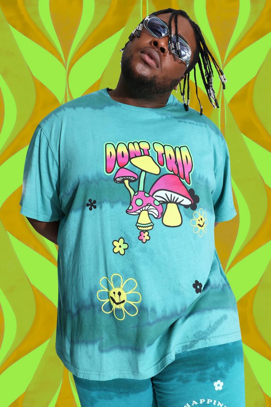 Teal Plus Size Loose Fit Mushroom Tie Dye T-Shirt image number 1