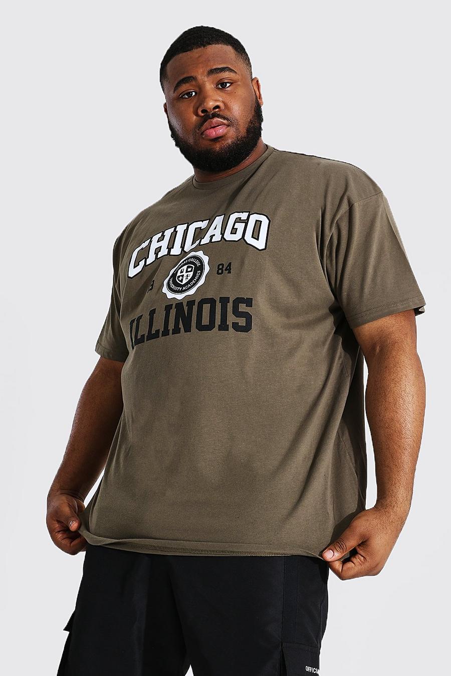 Plus Size T-Shirt mit Chicago Illinois Print, Khaki image number 1