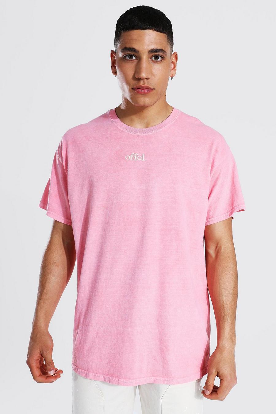 Übergroßes T-Shirt mit Überfärbung und Offcl Man-Print, Korallrot image number 1