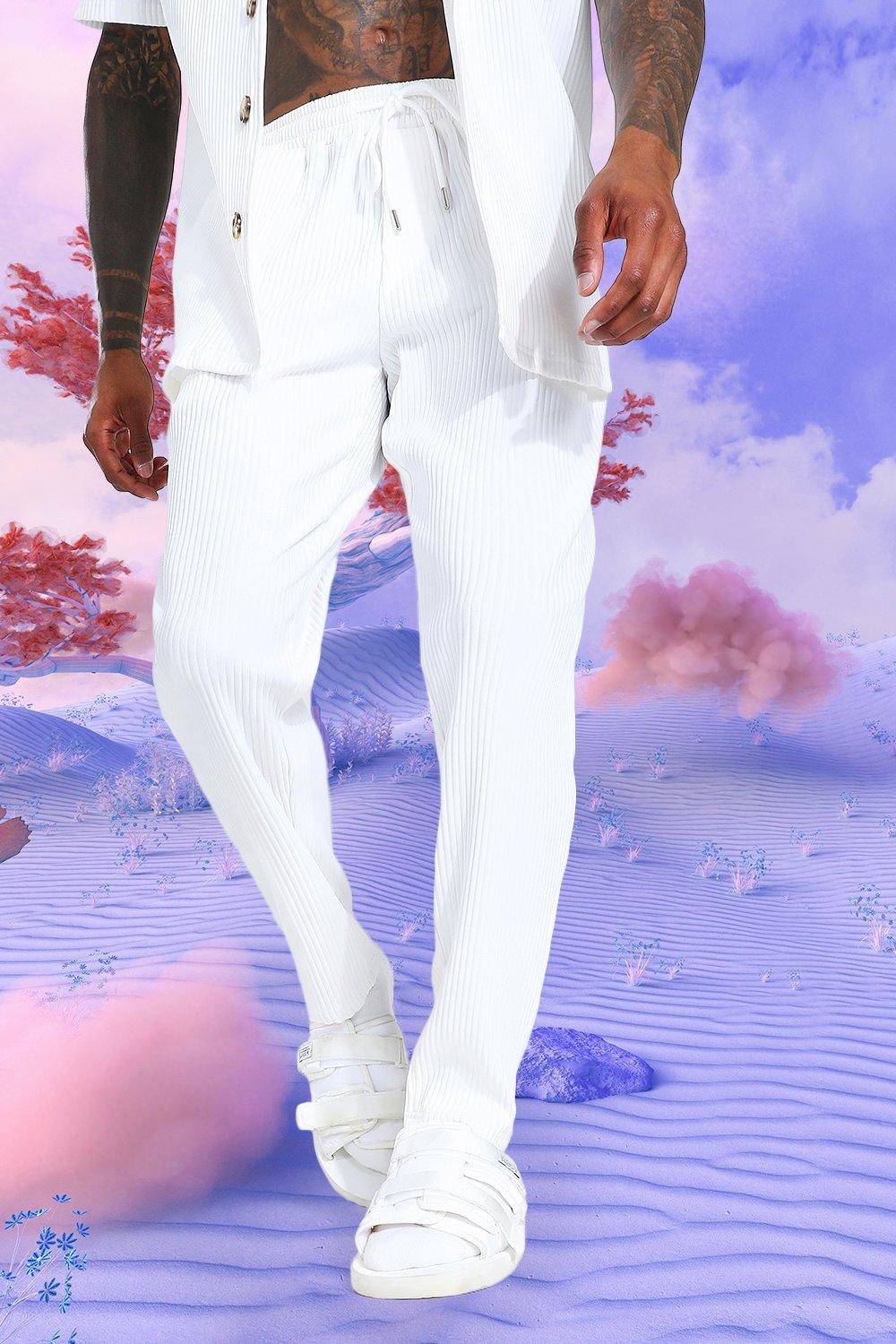 mens white pleated trousers