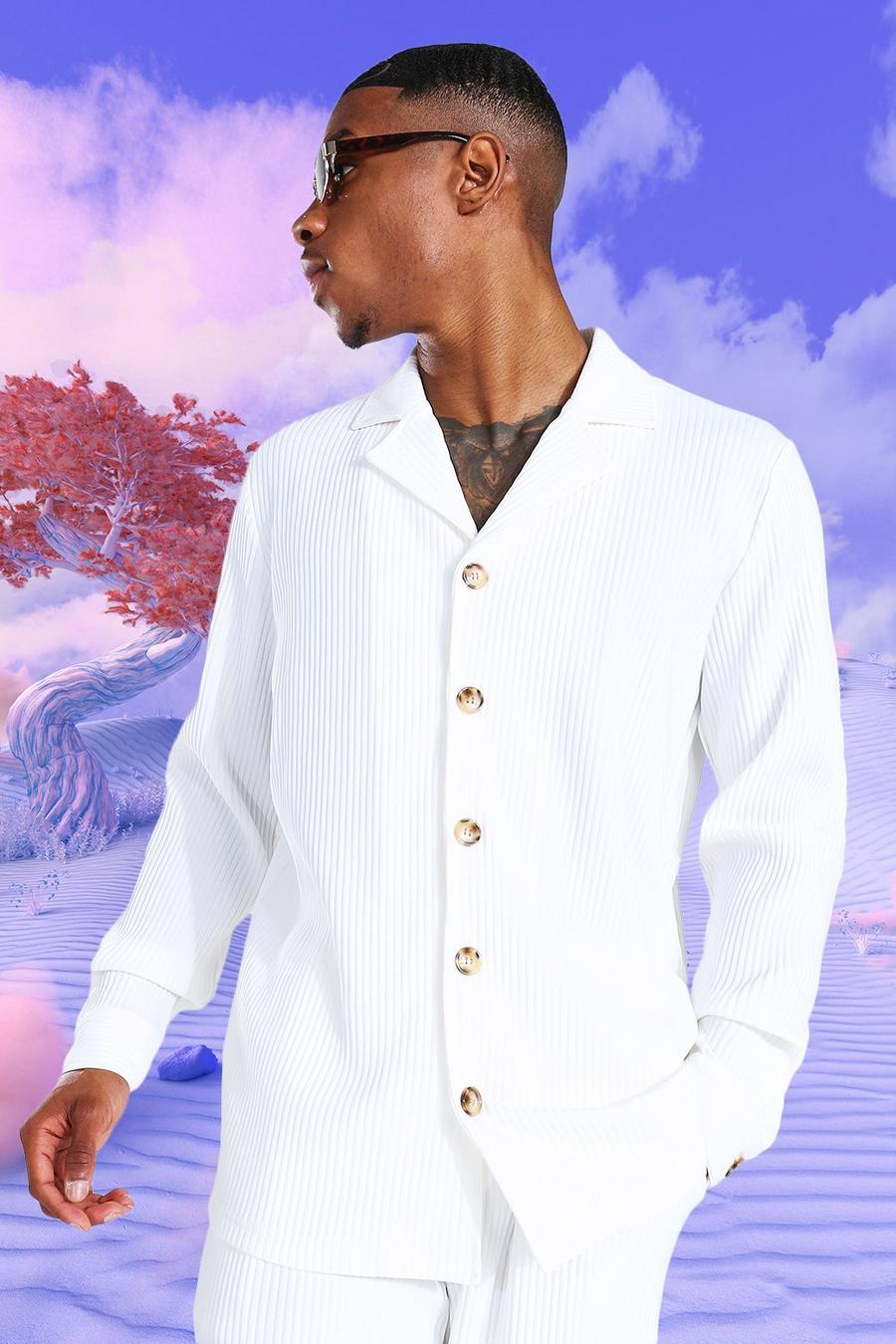 White Long Sleeve Revere Pleated Shirt image number 1