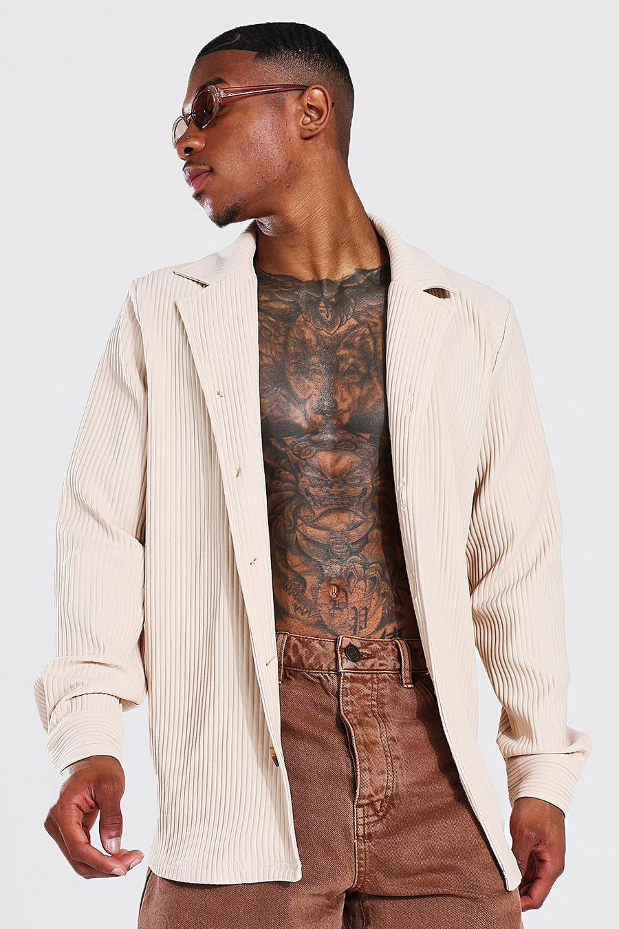 Taupe Long Sleeve Revere Pleated Shirt image number 1