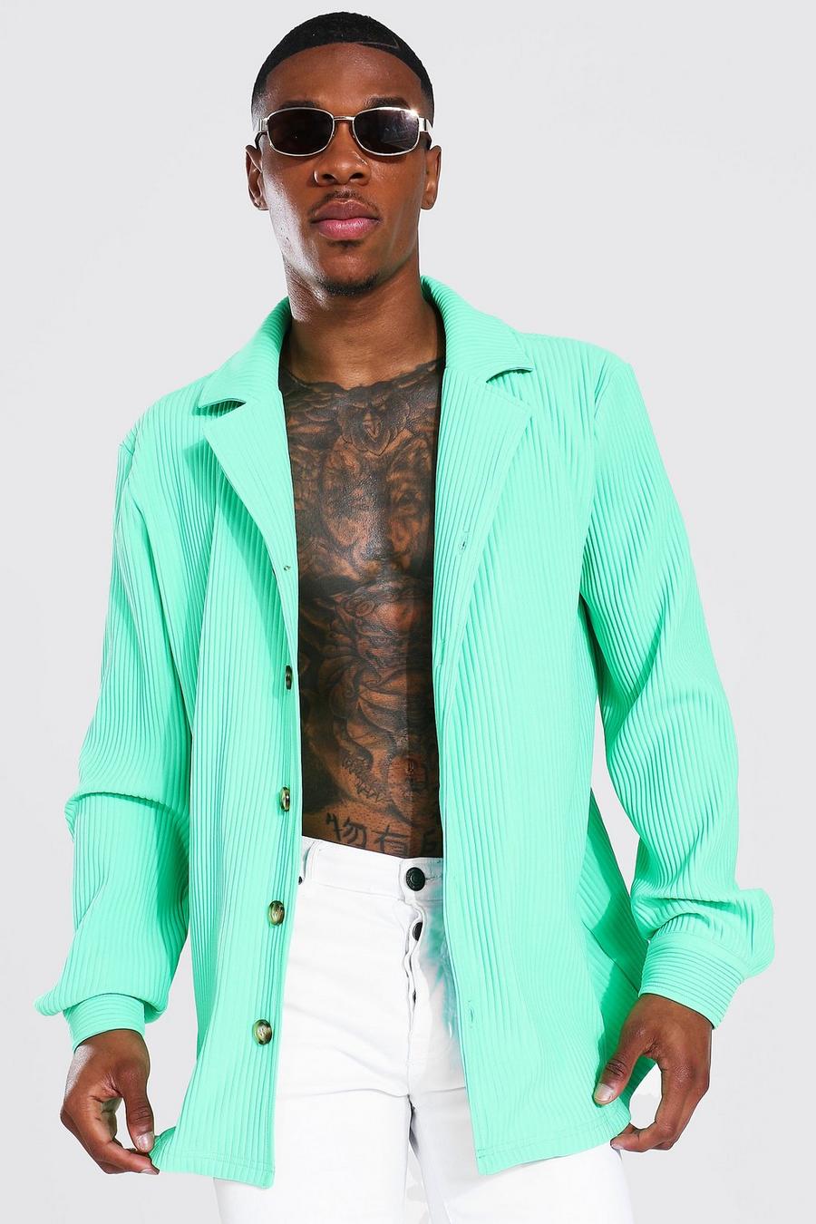 Bright green Long Sleeve Revere Pleated Shirt image number 1