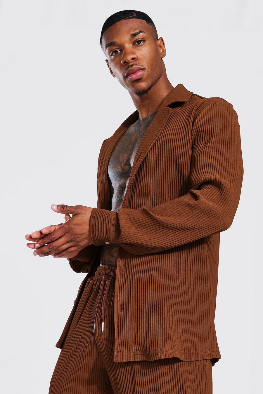 Chocolate Long Sleeve Revere Pleated Shirt image number 1