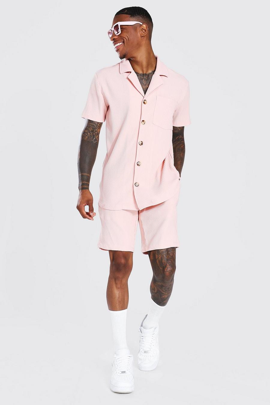 Chemise plissée à manches courtes et short, Light pink image number 1