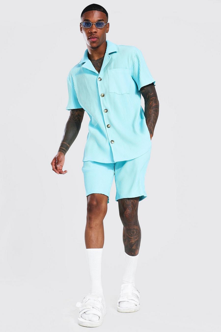 Light blue Geplooid Overhemd Met Korte Mouwen En Shorts image number 1