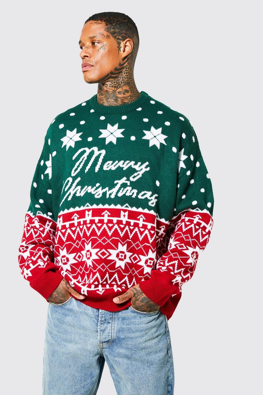Green סוודר אוברסייז עם דוגמה בסגנון פייר אייל וכיתוב Merry Christmas image number 1