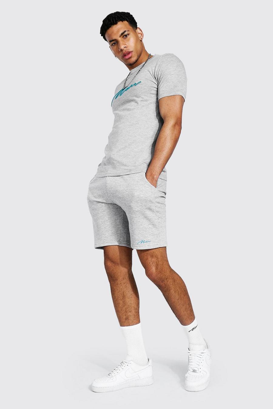 Grey marl Man 3D Geborduurd T-Shirt Shorts Set image number 1