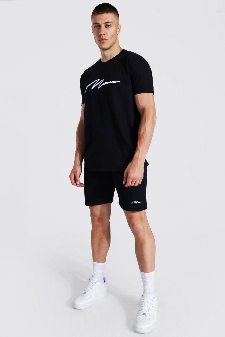 T-Shirt mit 3D Man Stickerei & Shorts Set, Black image number 1