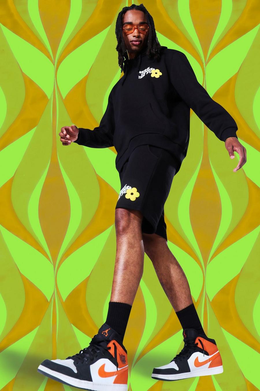 שחור חליפת טרנינג קצרה אוברסייז עם הדפס פרחים image number 1