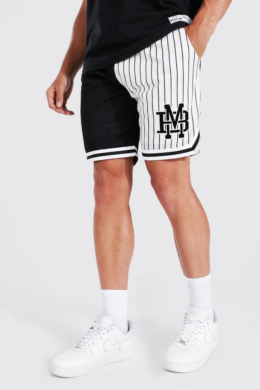 Black Spliced Striped Mesh Basketball Tape Shorts image number 1