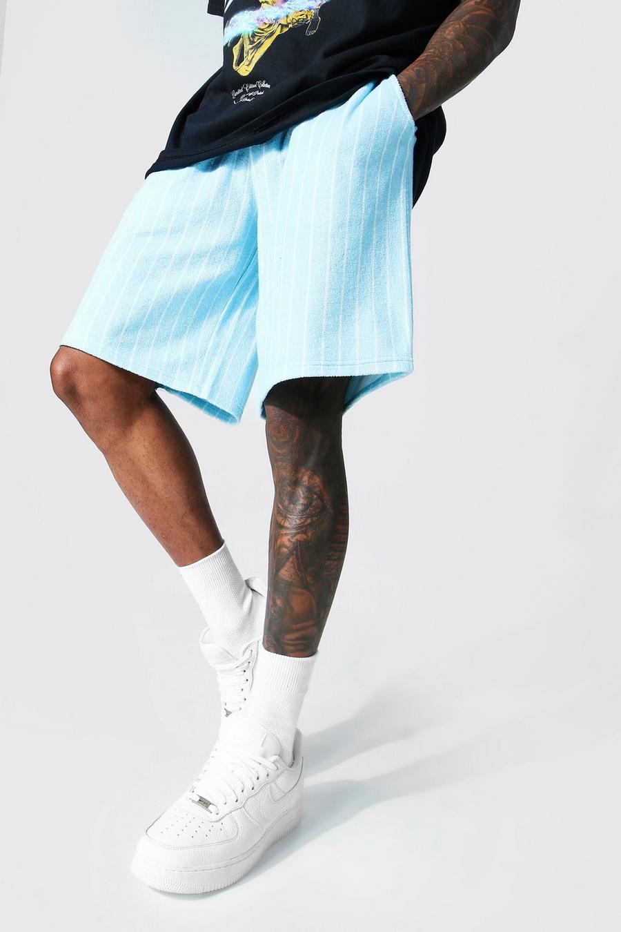 Pale blue Loose Fit Towelling Pinstripe Short image number 1