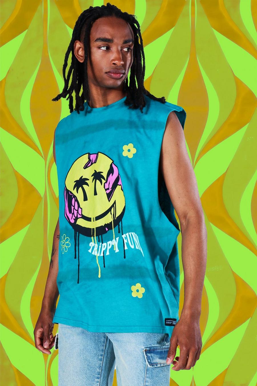 Teal Oversized Drip Face Tie Dye Drop Armhole Tank image number 1