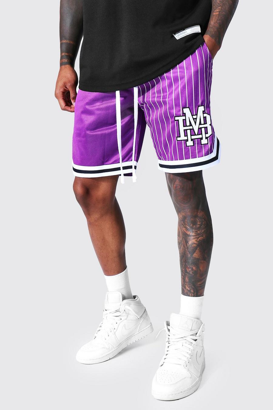Purple Spliced Striped Mesh Basketball Tape Shorts image number 1