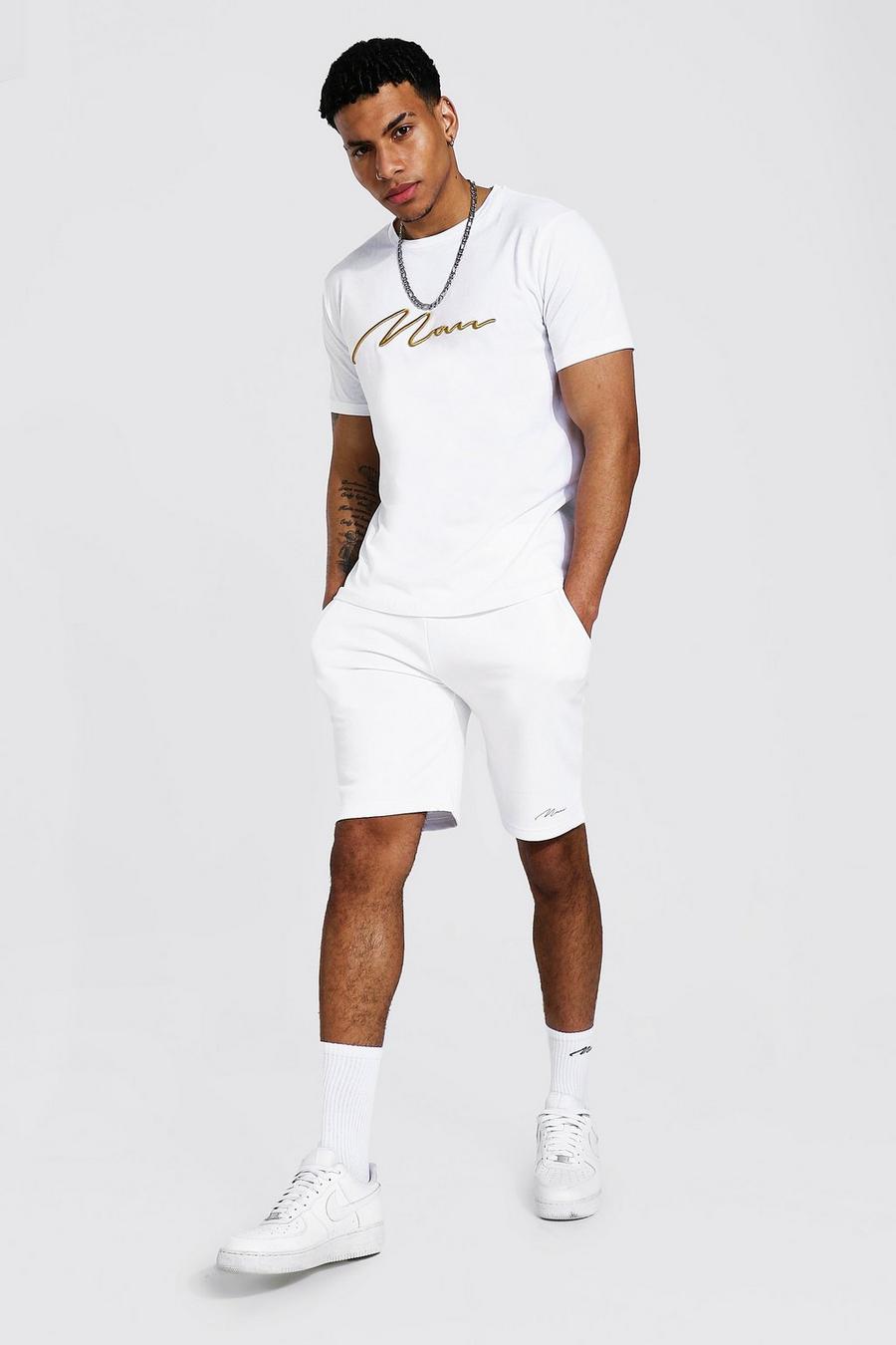 3D Man besticktes T-Shirt und Shorts, White image number 1