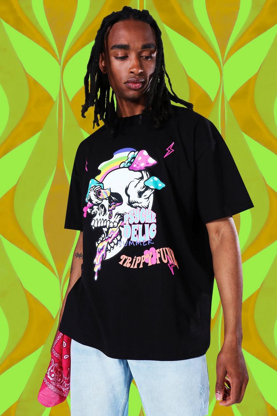 Camiseta ancha con gráfico Worldwide y calavera, Negro image number 1