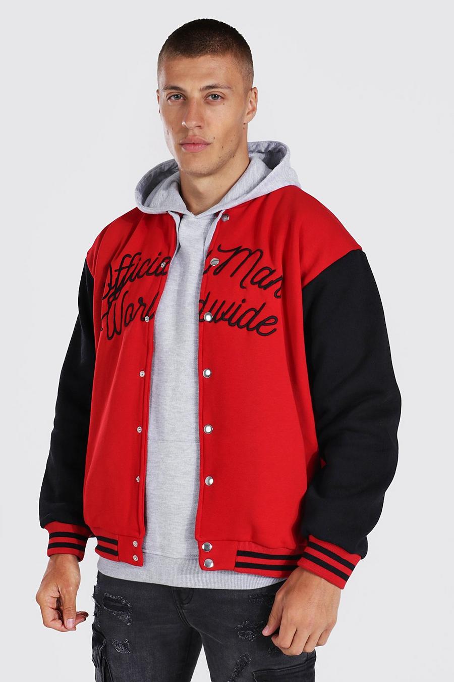 Giacca bomber oversize in jersey con scritta Man in stile varsity, Rosso image number 1