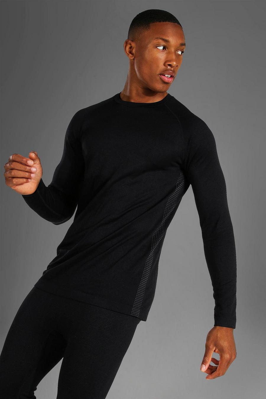 Black Gym Muscle Fit Seamless Graphic Long Sleeve Top image number 1