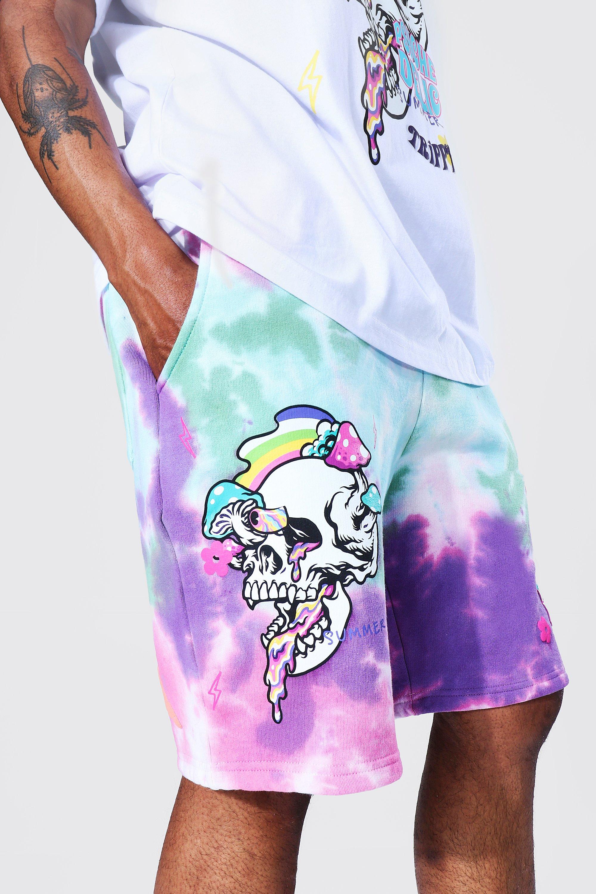 Men's Regular Skull Graphic Tie Dye Jersey Shorts | boohoo