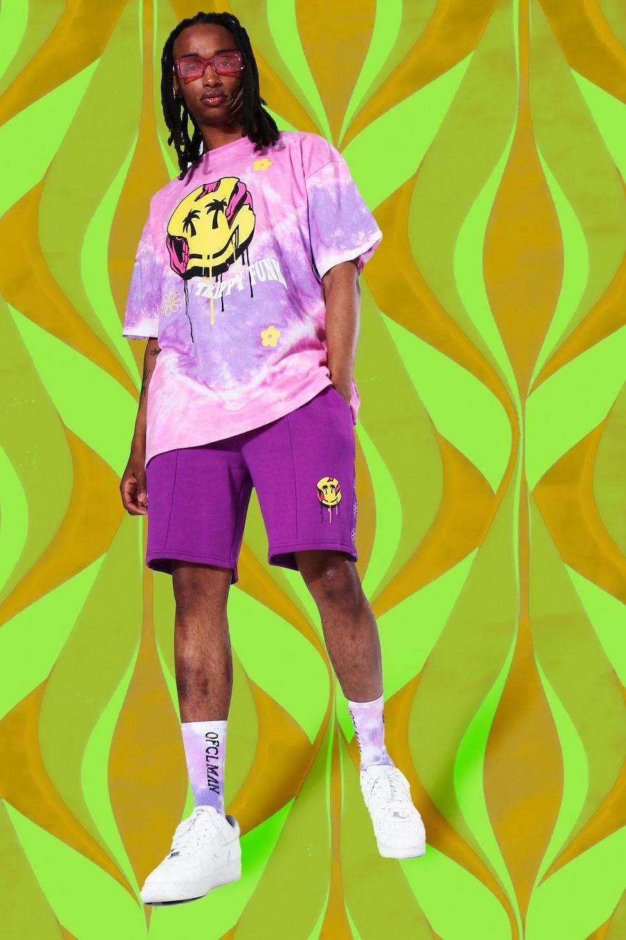 Set in Übergröße mit Shorts und T-Shirt in Batik-Optik und Drip Face, Violett image number 1