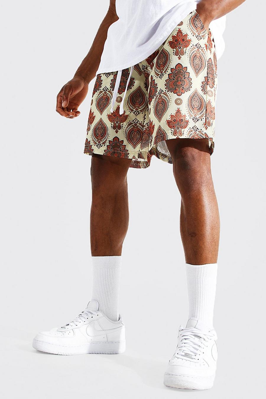 Cream Loose Fit Tapestry Mesh Basketball Shorts image number 1