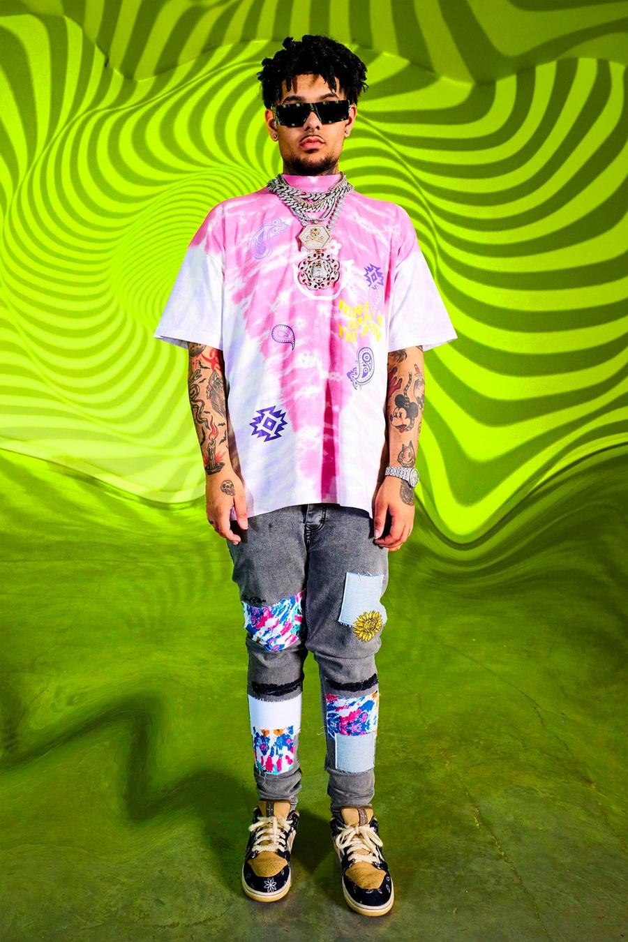 Pink Oversized All Good Graphic Tie Dye T-shirt image number 1
