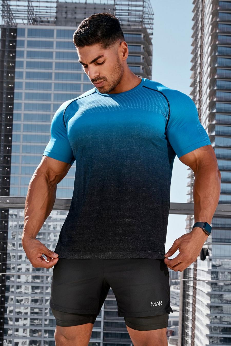 Blue blå Active Gym Muscle Fit Ombre Seamless T-Shirt image number 1