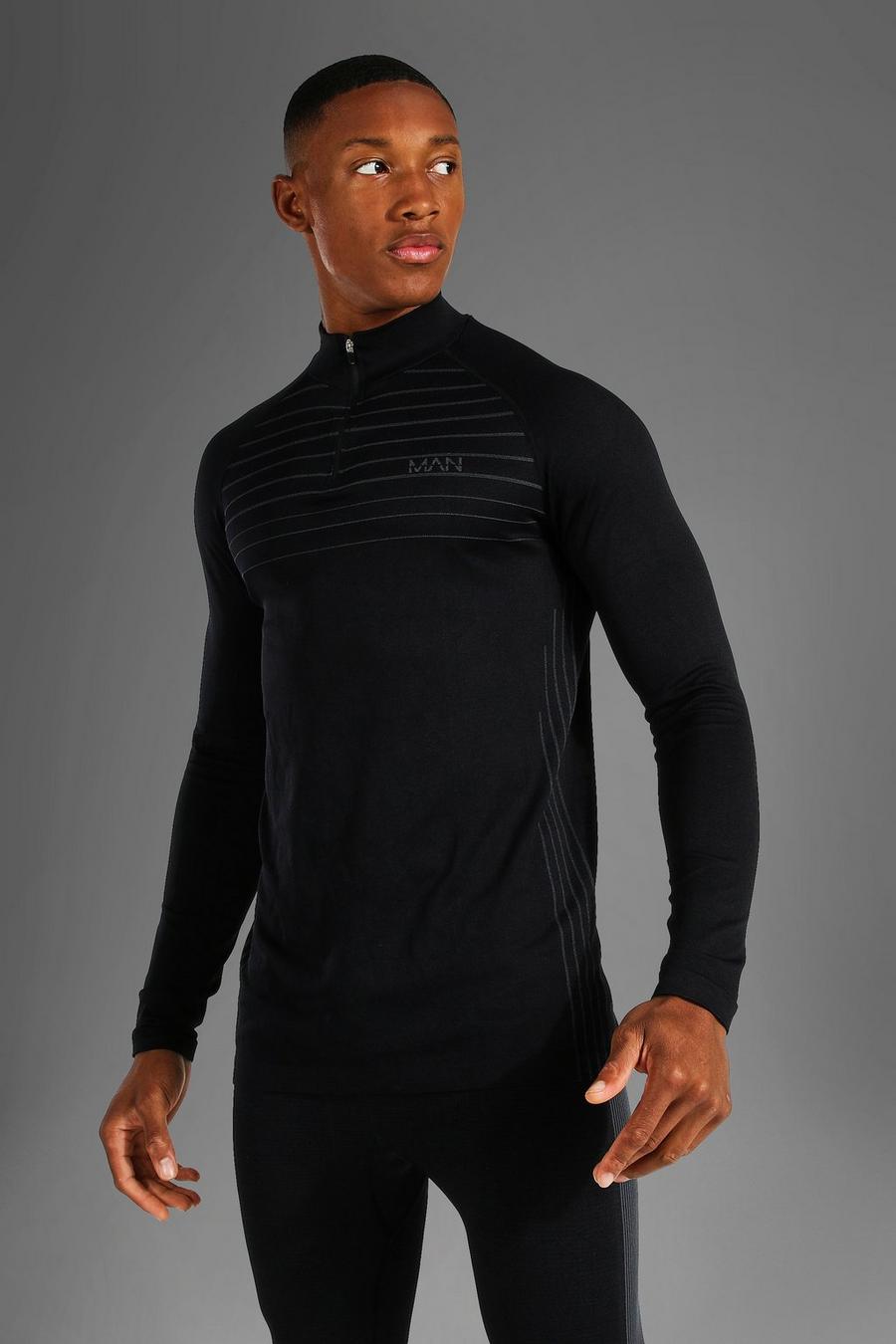 Black Man Muscle Fit Gym Ribbed Seamless 1/4 Zip Top image number 1