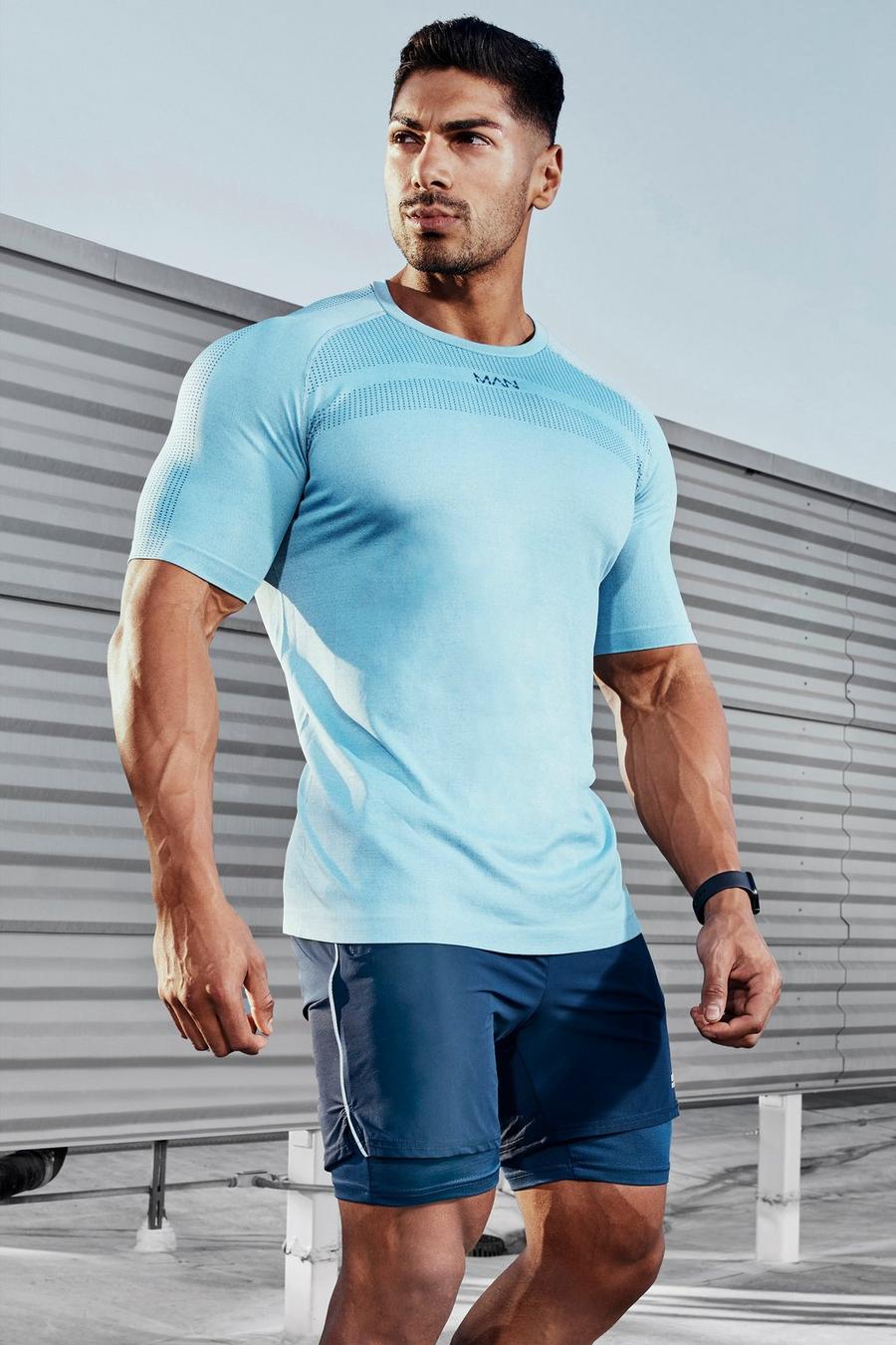 Light blue Man Active Gym Muscle Fit Seamless T Shirt image number 1