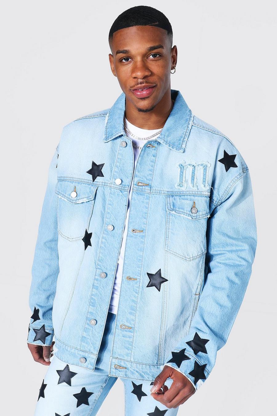 Ice blue Oversized Pu Star Denim Jacket image number 1