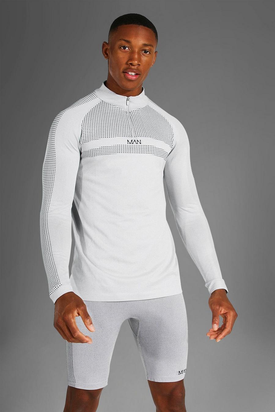 Grey grå Active Gym Muscle Fit Seamless 1/4 Zip Top image number 1