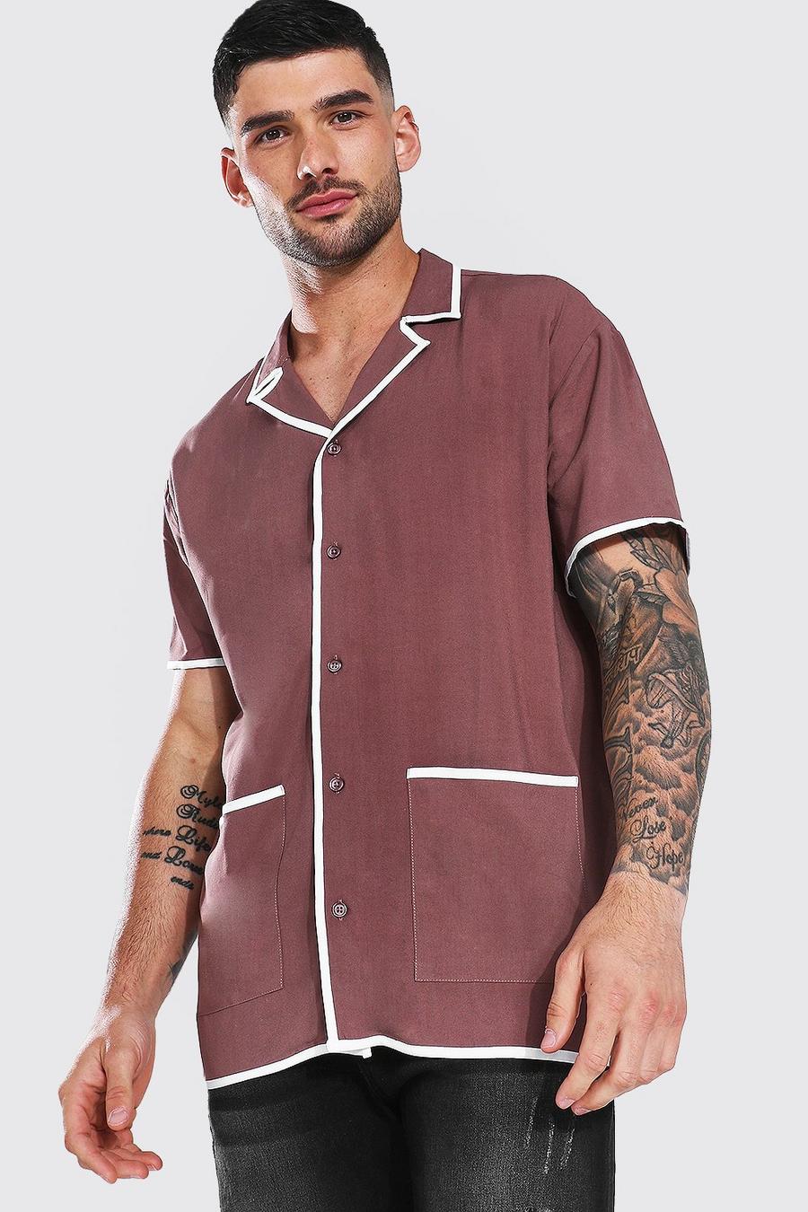 Mocha Oversized Short Sleeve Trimmed Viscose Shirt image number 1